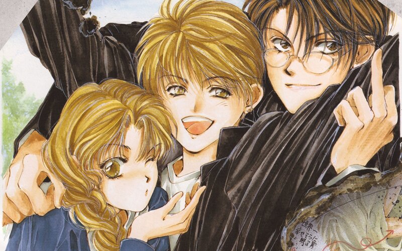 Three anime characters hugging