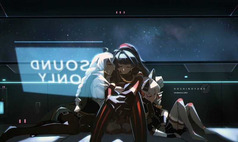 Three Anime Characters Hugging — Black, Dramatic