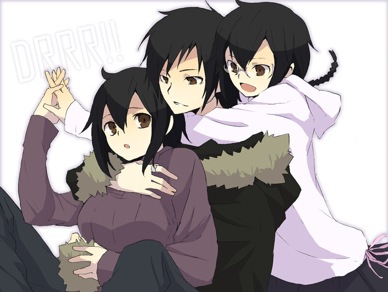 Three Anime Characters Hugging — Black, Playful