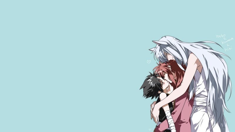 Three Anime Characters Hugging — Light Blue