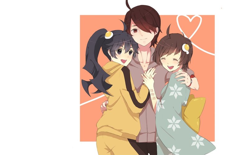 Three Anime Characters Hugging — Orange, Happy