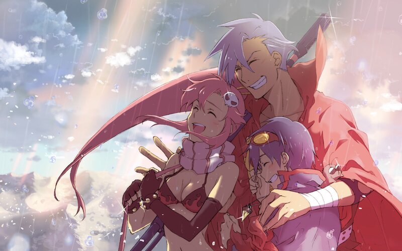 Three Anime Characters Hugging — Pink, Joyful