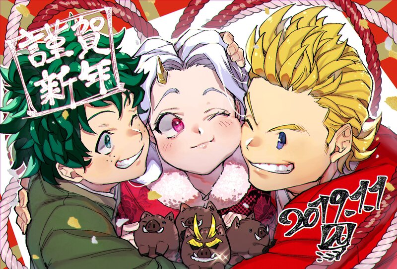 Three Anime Characters Hugging — Red, Festive