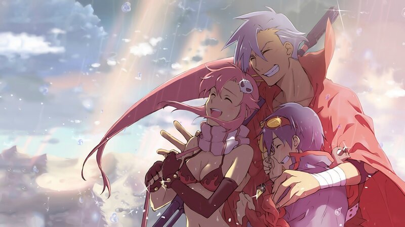 Three Anime Characters Hugging — Red, Joyful