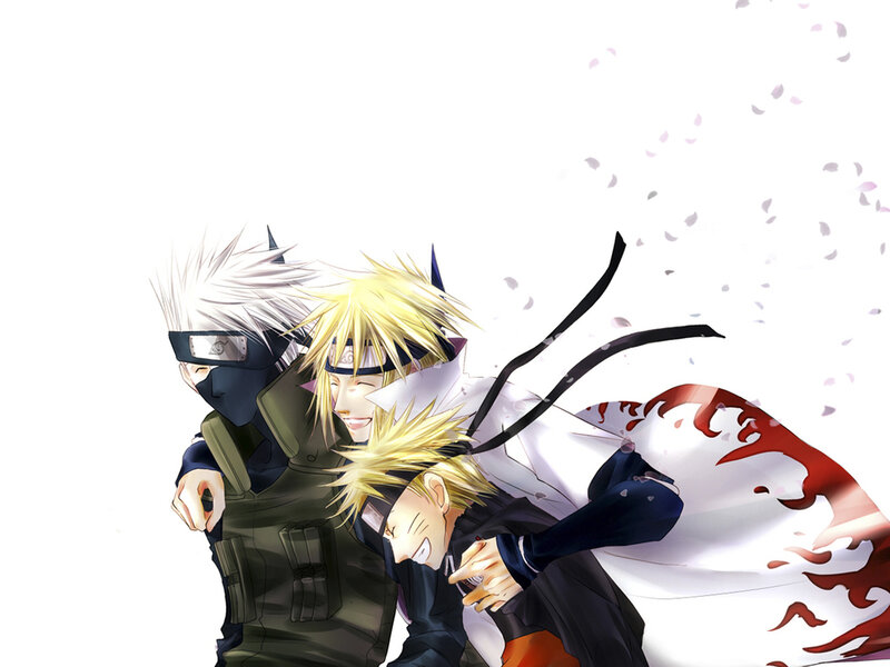 Three Anime Characters Hugging — White, Playful