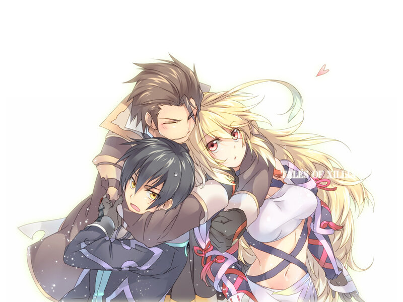 Three Anime Characters Hugging — White