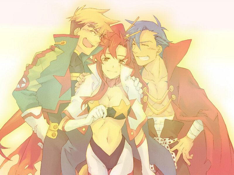 Three Anime Characters Hugging — Yellow, Happy