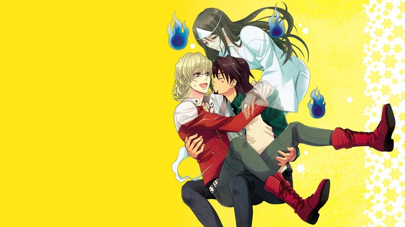 Three Anime Characters Hugging — Yellow, Playful