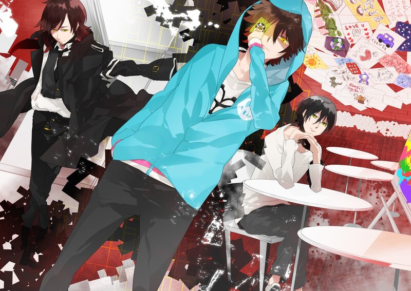 Three anime characters in a chaotic cafe