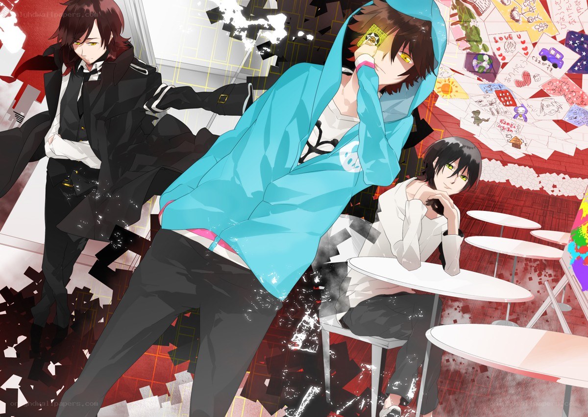 Three anime characters in a chaotic cafe