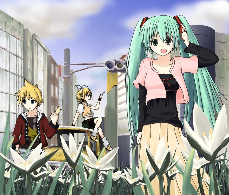 Three Anime Characters in a City — Green