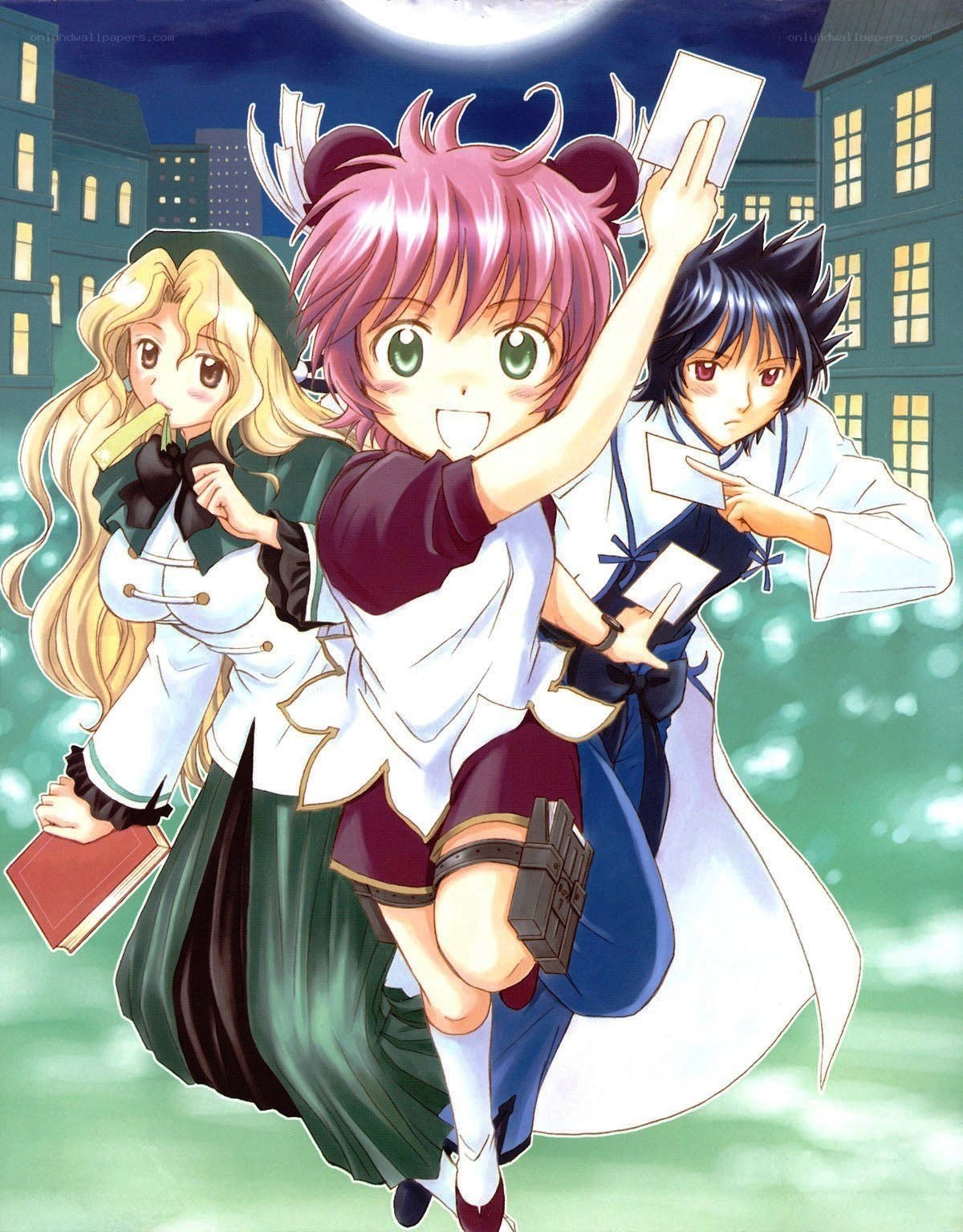 Three anime characters in a city