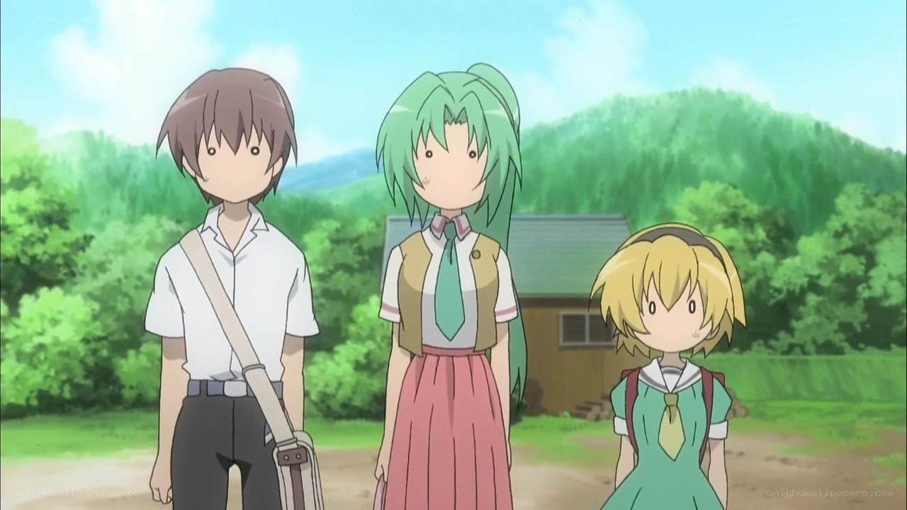 three anime characters in a field