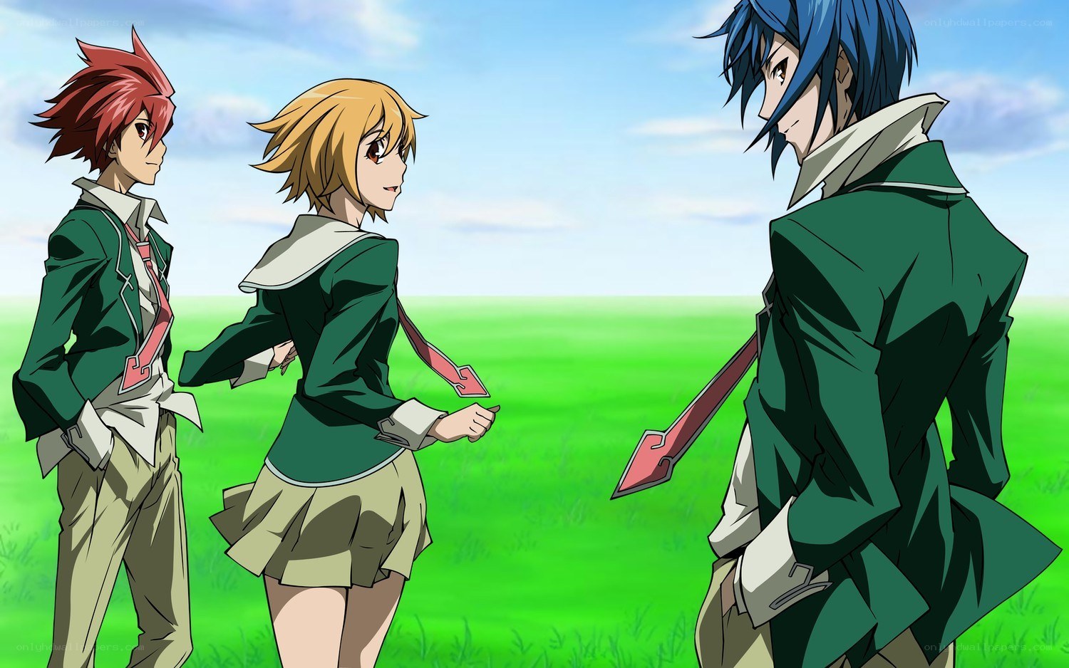 three anime characters in a field