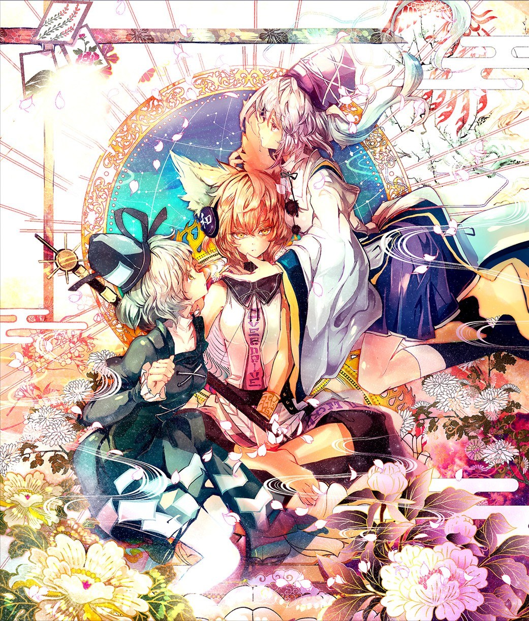 Three anime characters in a floral scene