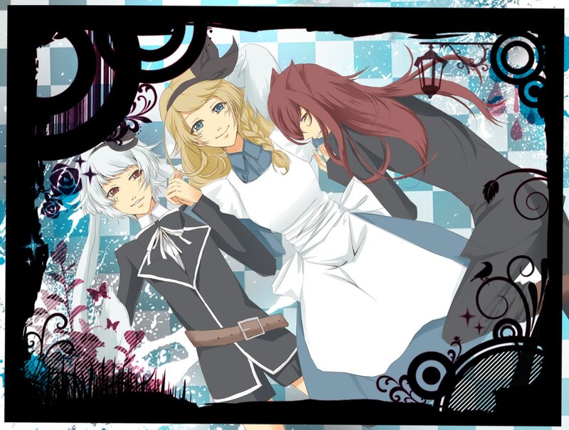 three anime characters in a frame