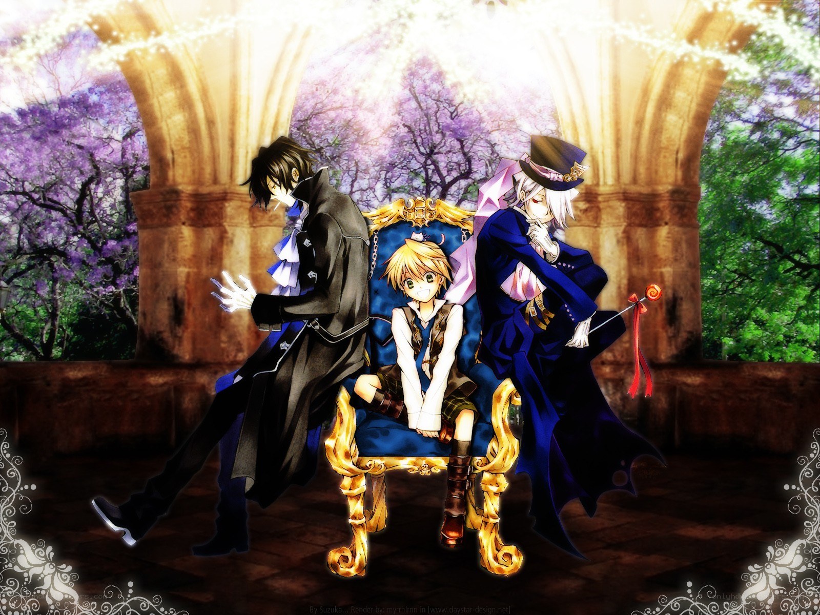 Three anime characters in a garden