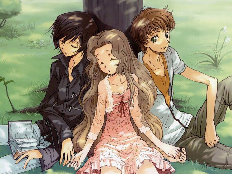 Three anime characters in a park