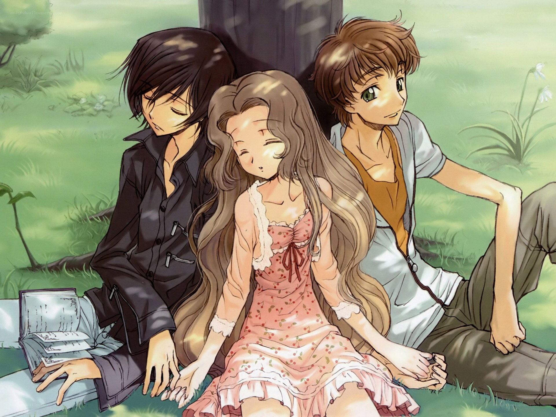Three anime characters in a park