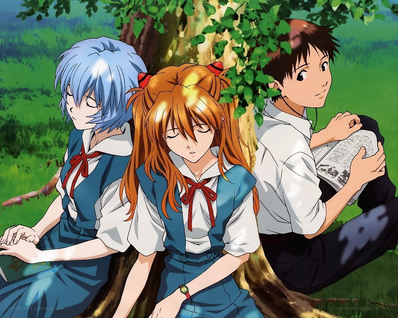 Three anime characters in a park