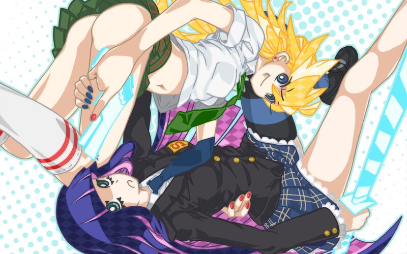three anime characters in a pile