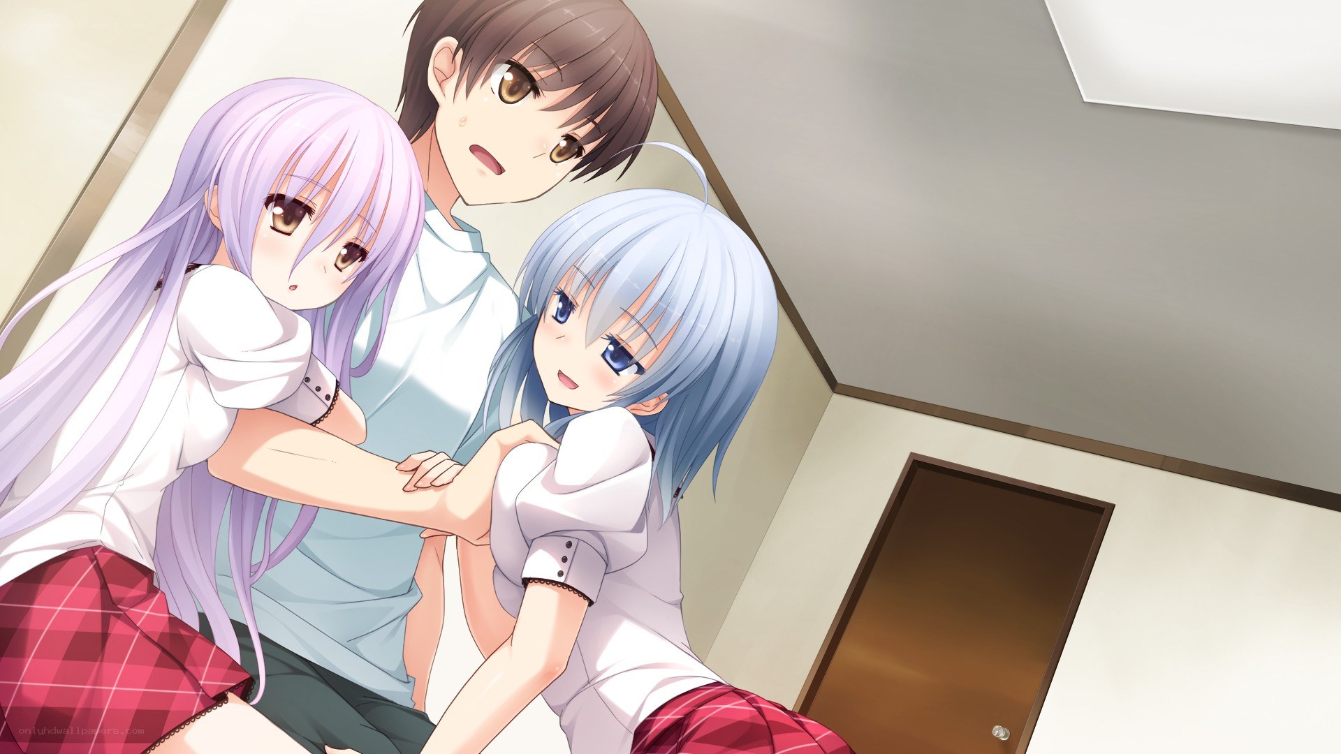 Three anime characters in a room