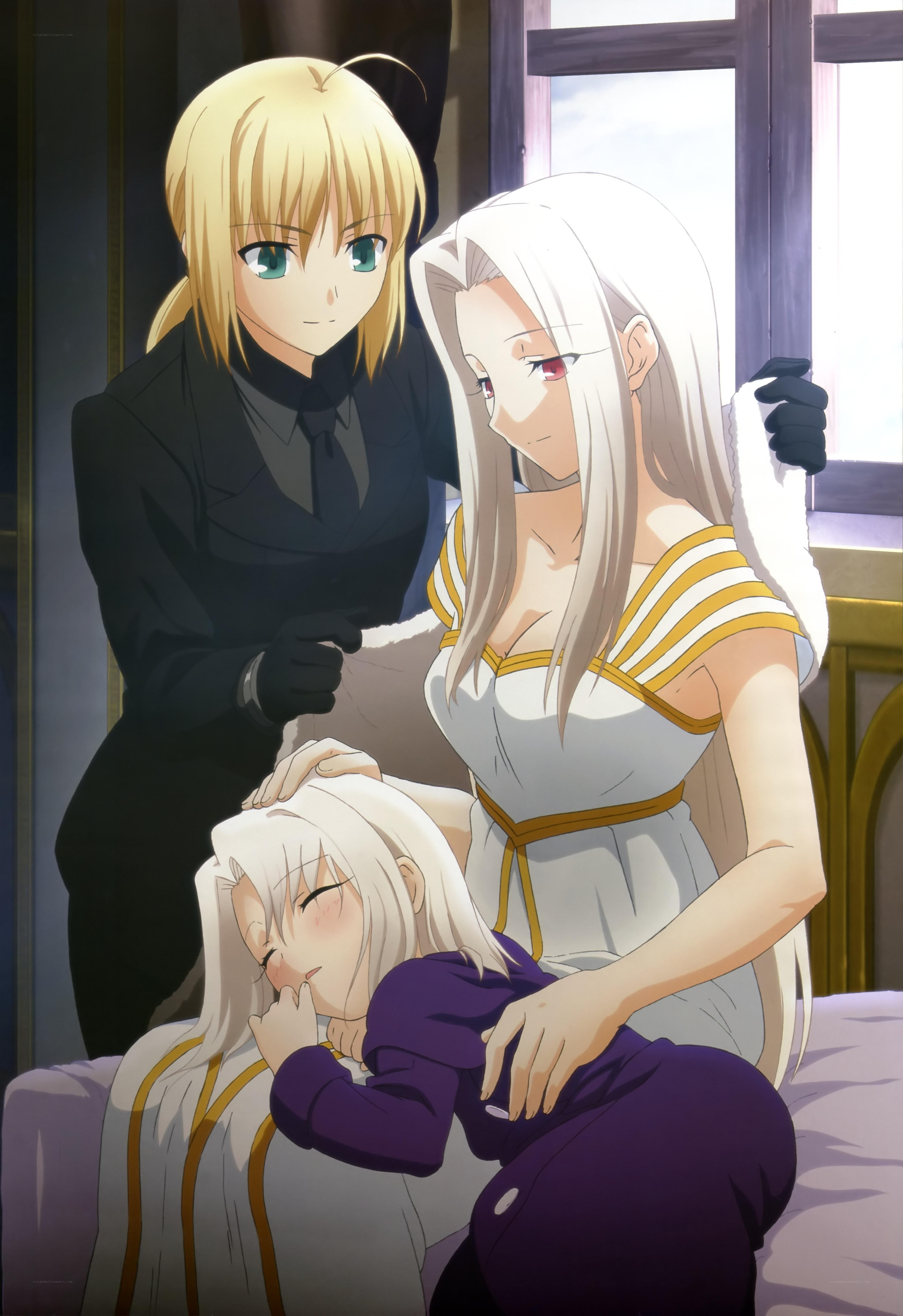 Three anime characters in a room