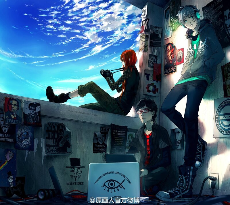 Three Anime Characters in a Room — Blue