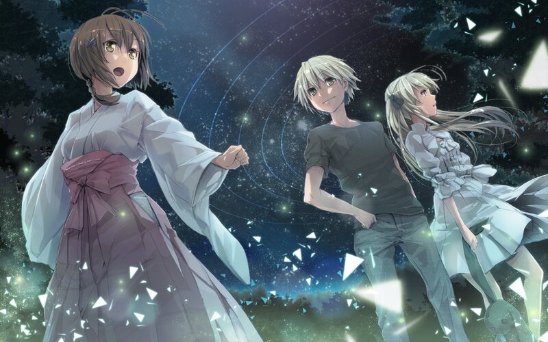 Three anime characters in a starry night