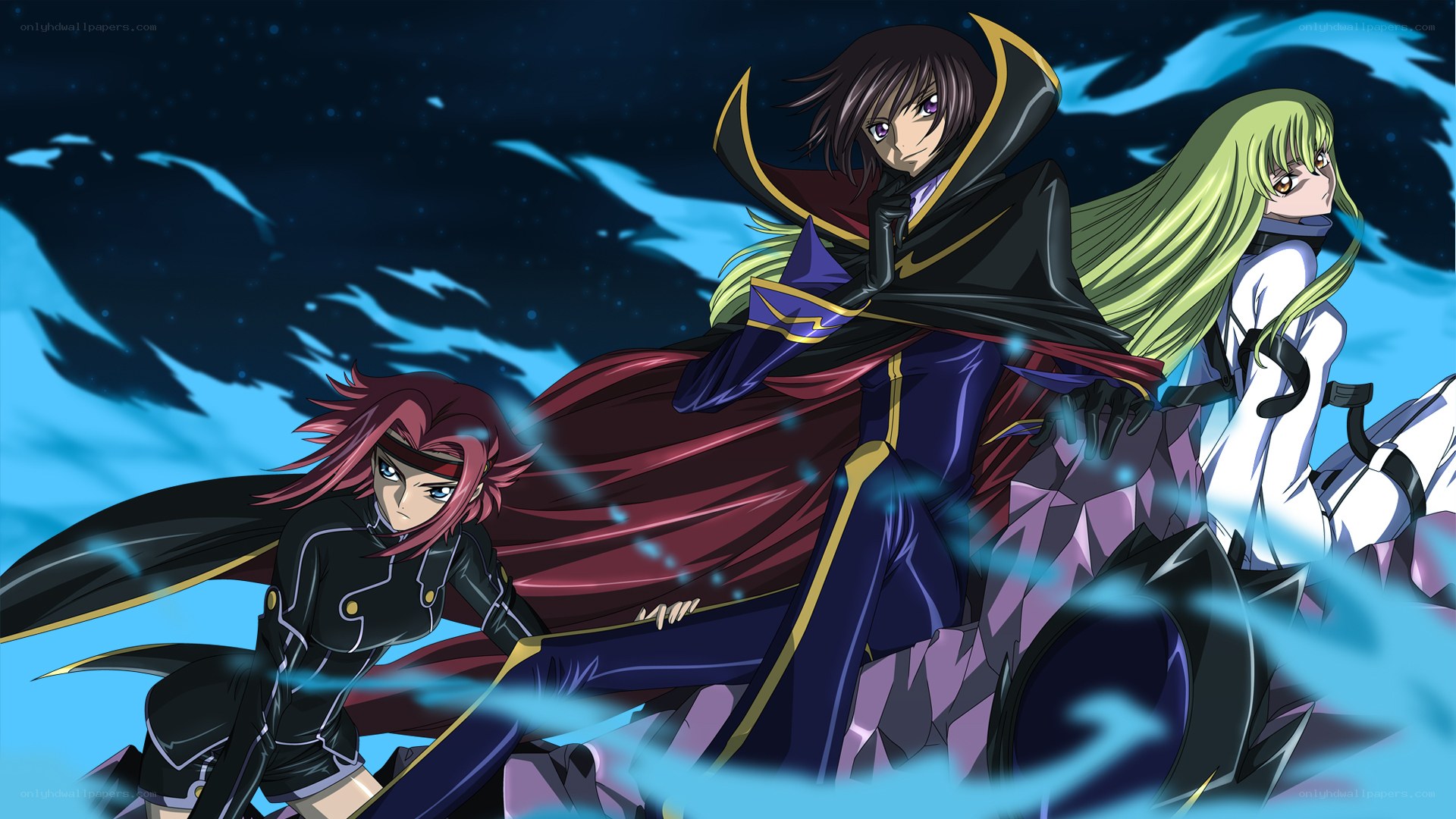 Three anime characters in action