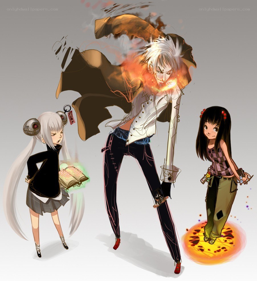 Three anime characters in action