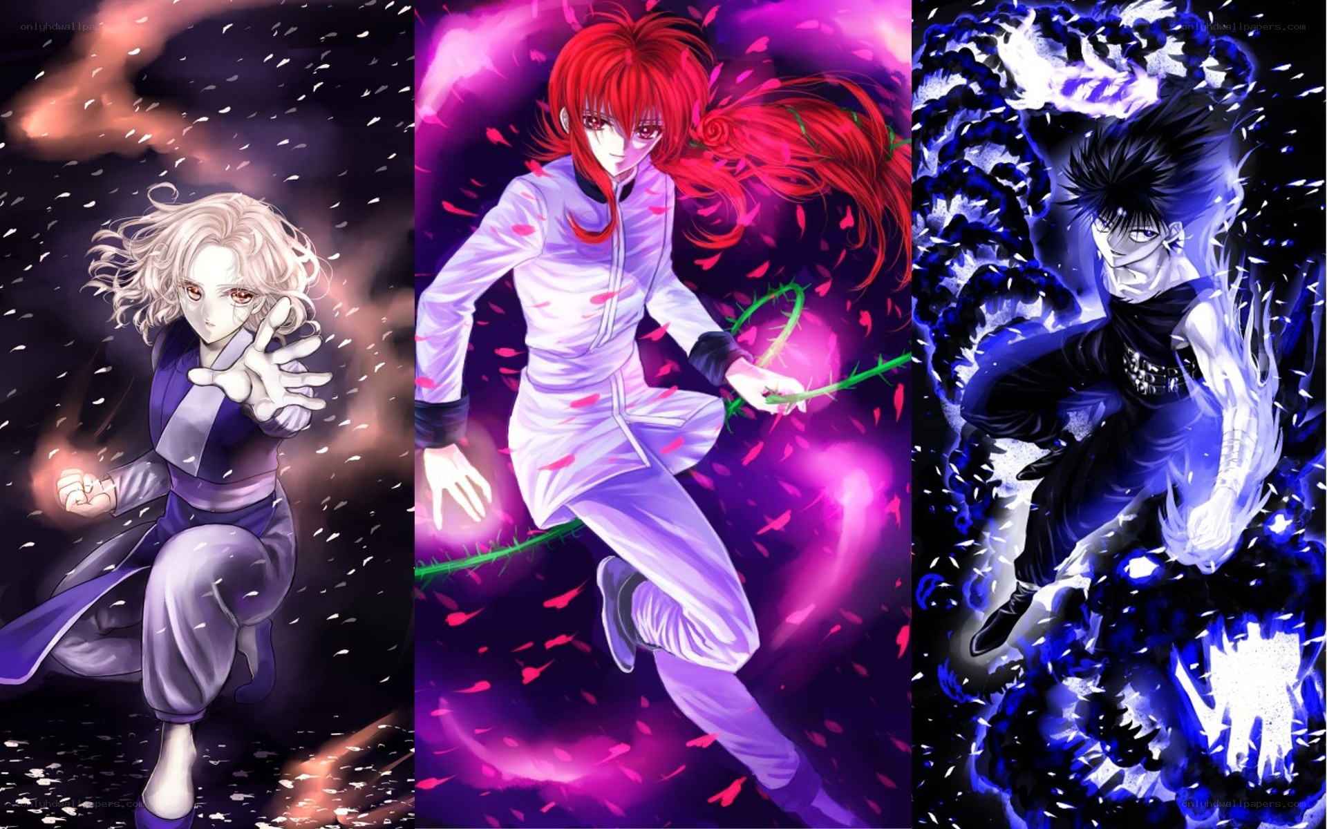 Three anime characters in action