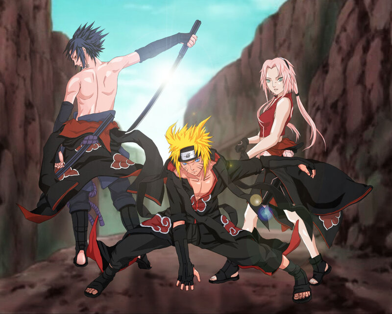 Three Anime Characters in Action — Black, Dramatic, Afternoon