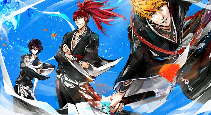 Three Anime Characters in Action — Blue, Dramatic, Swords