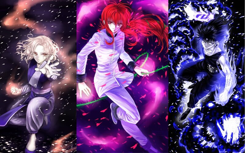 Three Anime Characters in Action — Purple, Dramatic