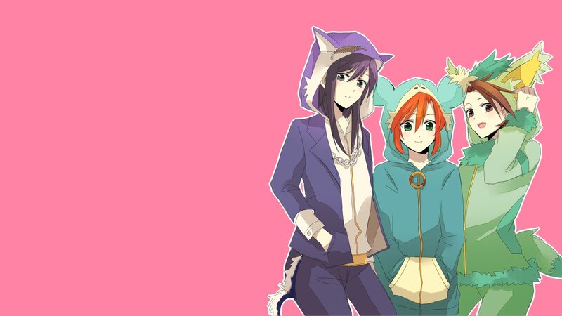 three anime characters in animal hoodies