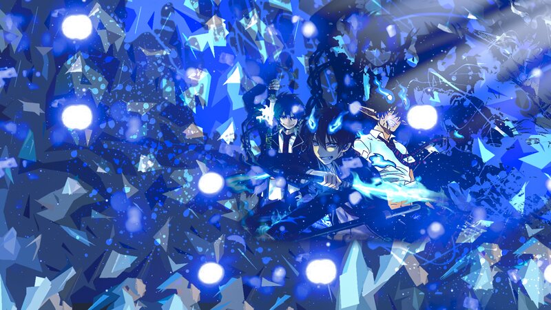 Three Anime Characters in Battle — Blue, Dramatic, Intense