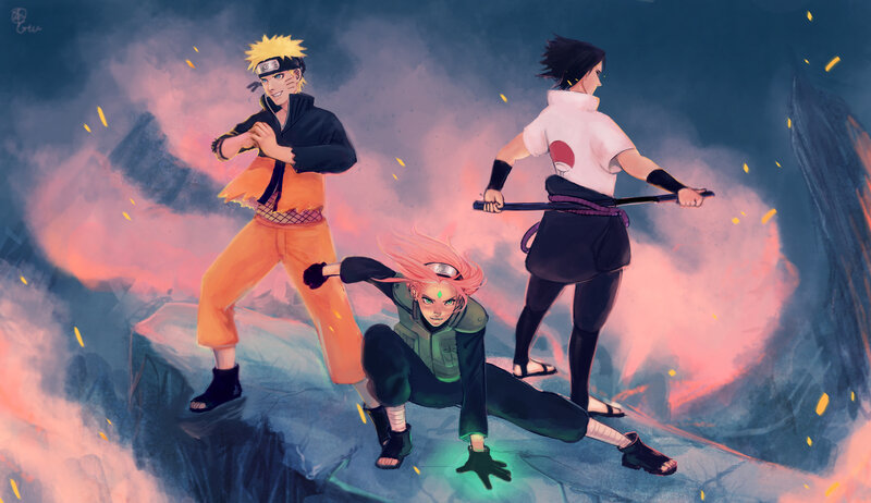 Three Anime Characters in Battle — Blue, Dramatic