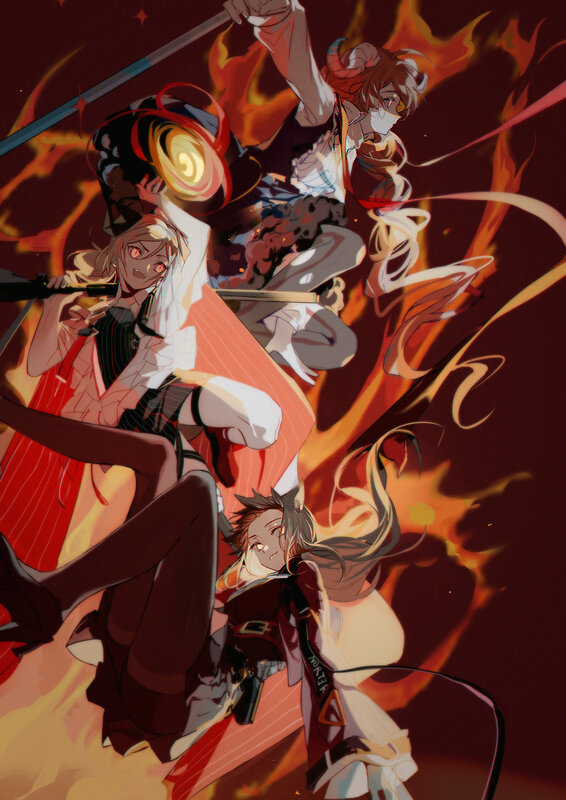 Three Anime Characters in Battle — Red