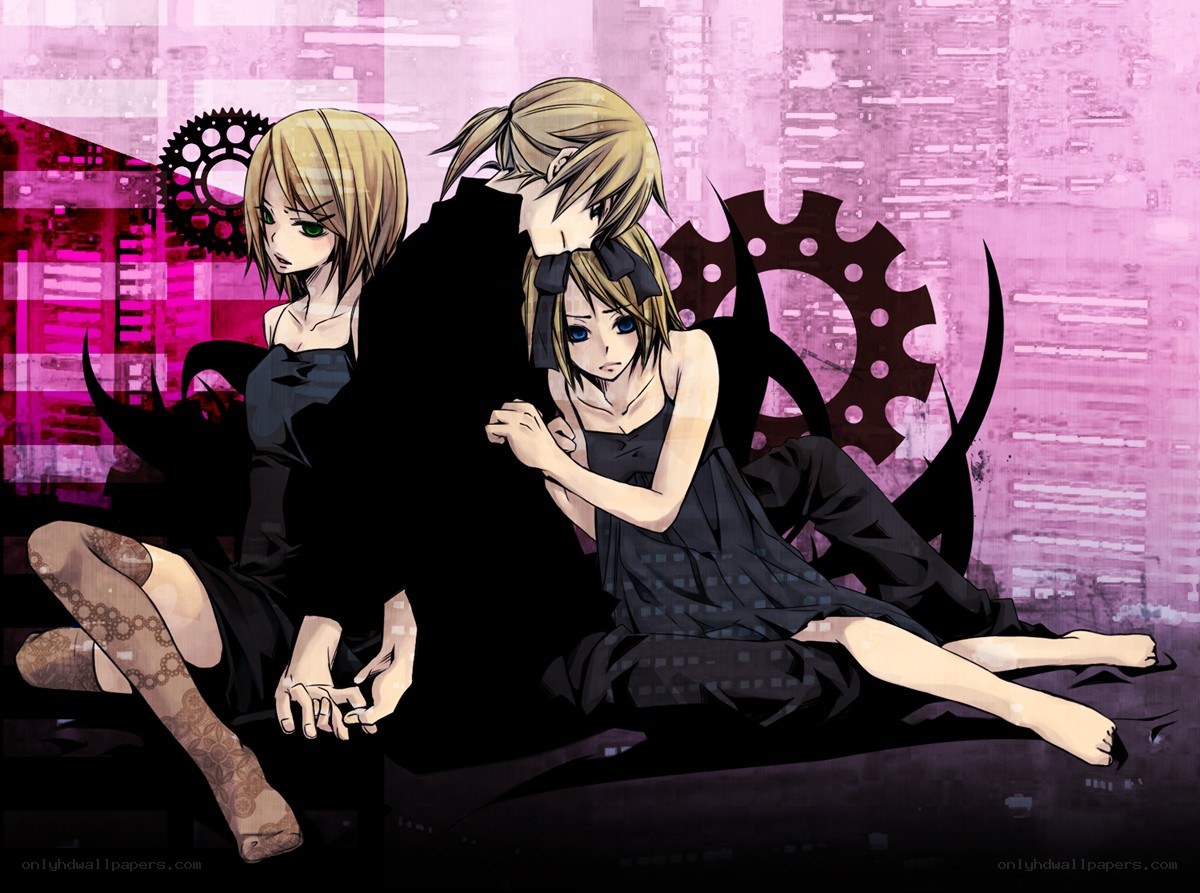 Three anime characters in black dresses