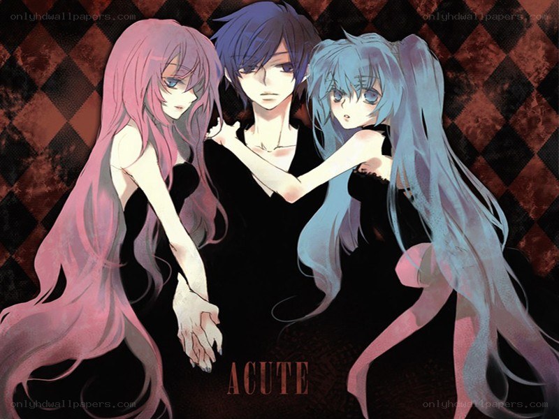 Three anime characters in black dresses