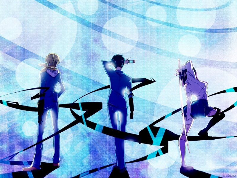 Three anime characters in blue light