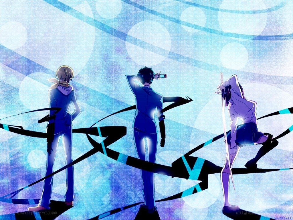 Three anime characters in blue light