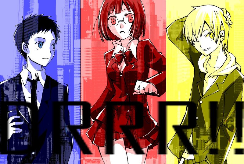 three anime characters in cityscape