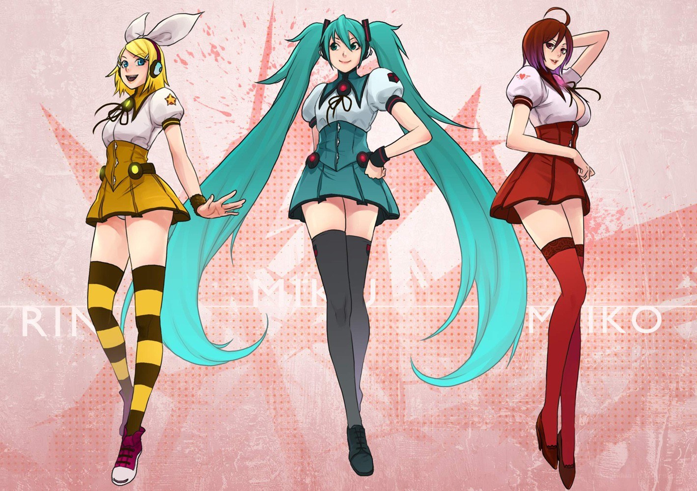 Three anime characters in colorful outfits