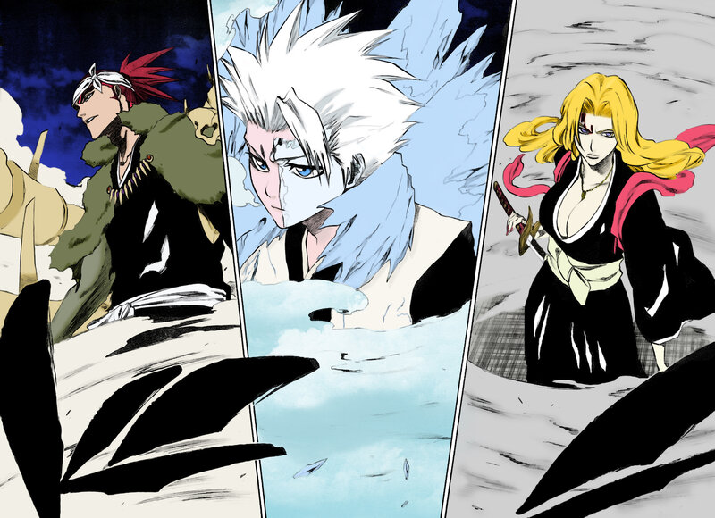 Three Anime Characters in Combat — Black, Dramatic