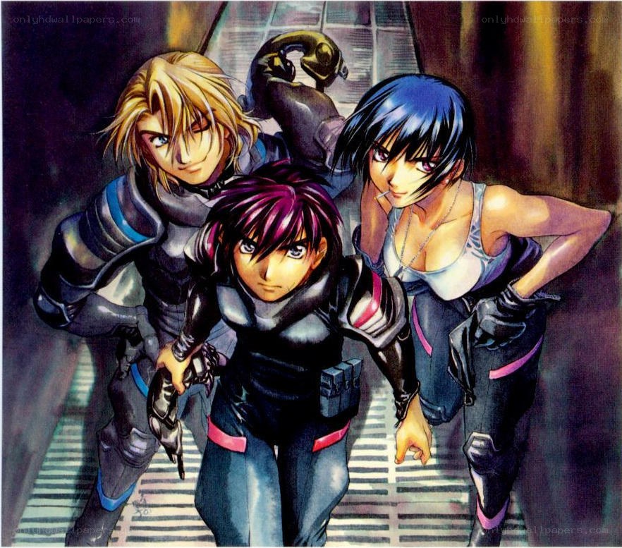 three anime characters in combat gear