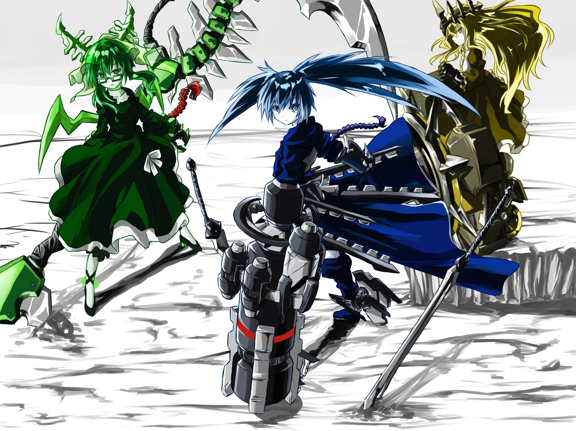 Three anime characters in combat
