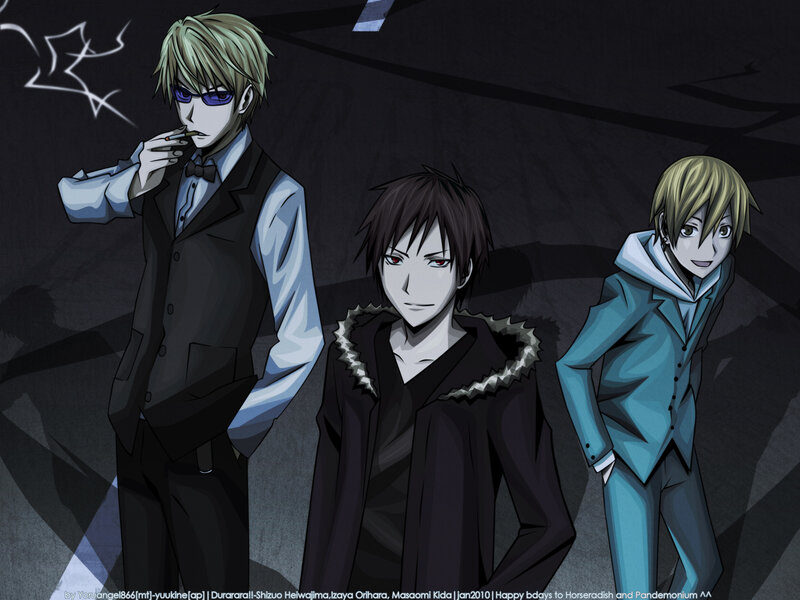 Three anime characters in dark setting