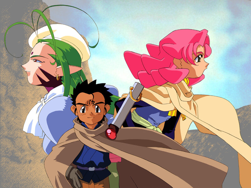 three anime characters in desert